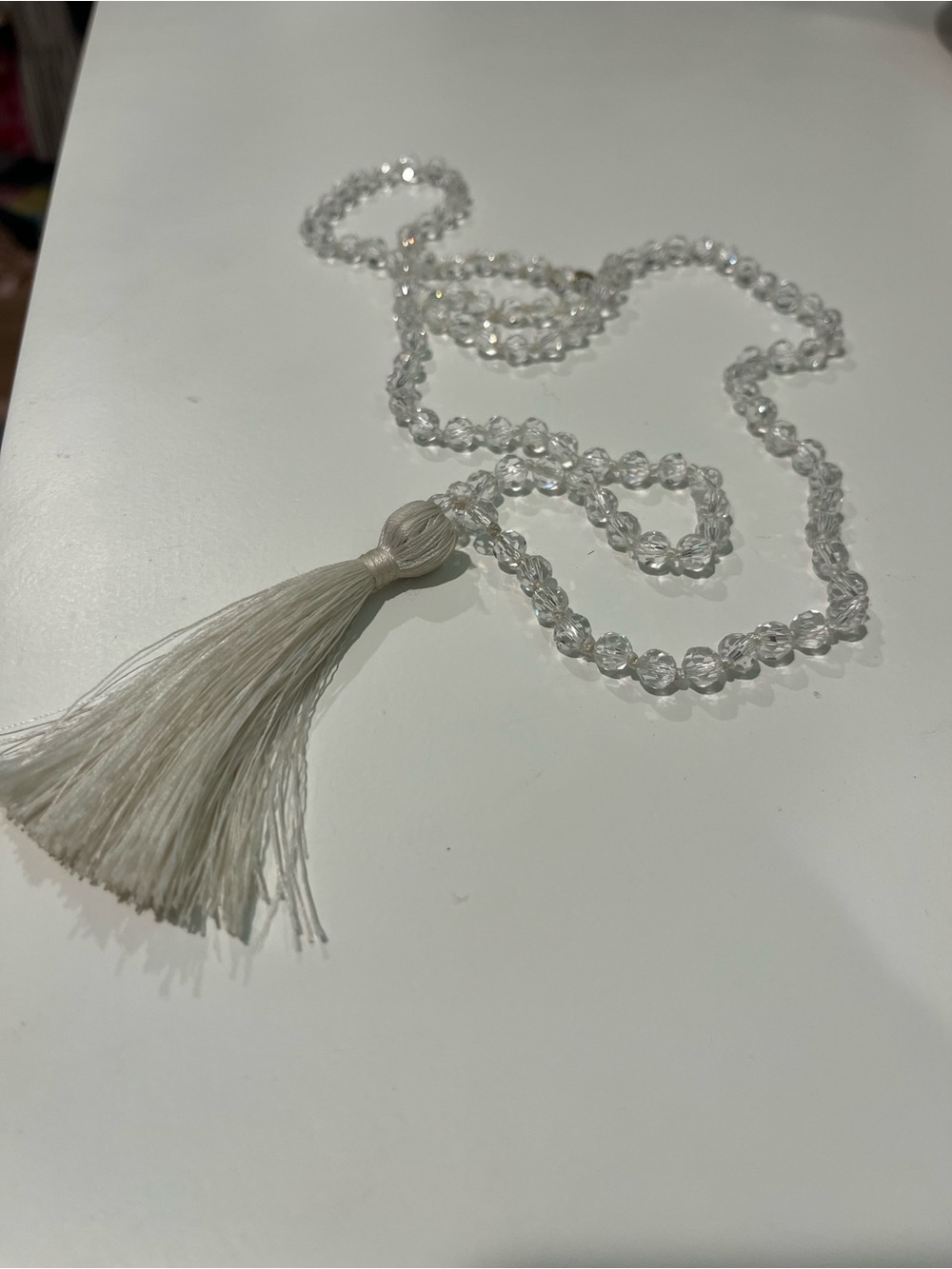 J. Crew Clear Crystal Bead Necklace with White Tassel
